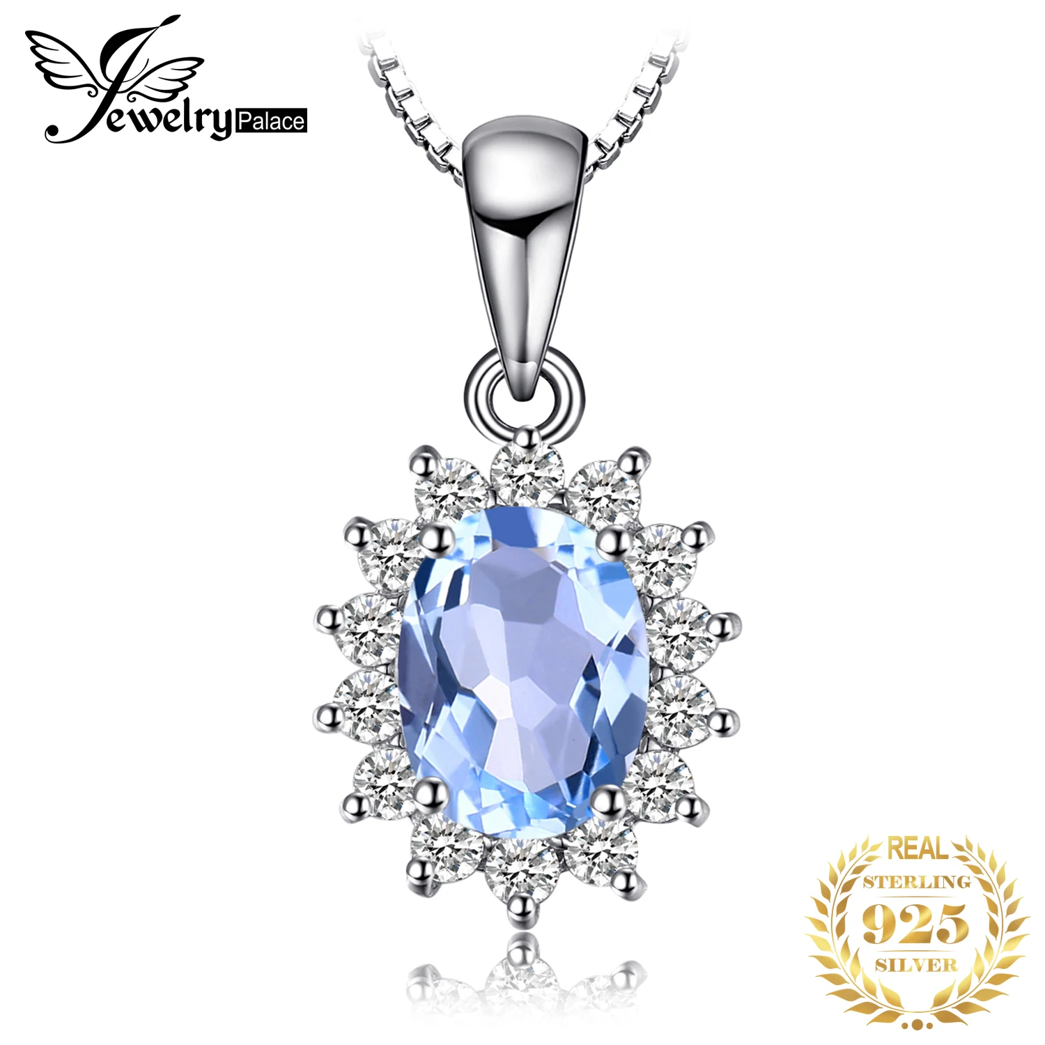 JewelryPalace 2.3ct Princess Diana Natural Blue Topaz 925 Sterling Silver Pendant Necklace for Woman Fashion Fine Gift No Chain