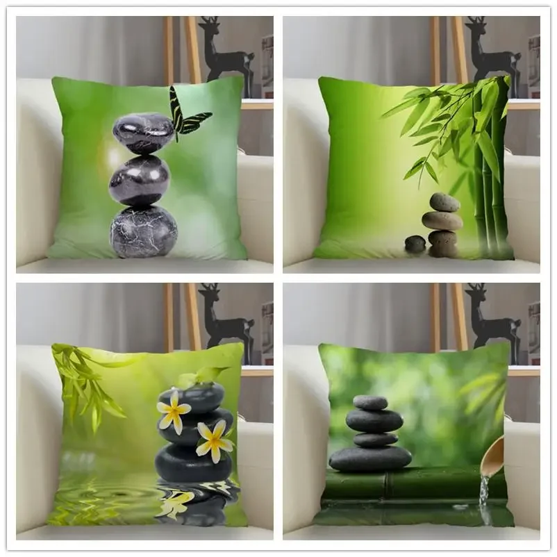 Tranquility Bamboo Pebble Print Pattern Polyester Cushion Cover Home Living Room Sofa Decorative Throw Pillow