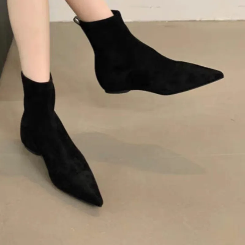 

Новинка 202, женские бархатные однотонные ботильоны в стиле ретро с острым носком, трендовые женские ботинки «Челси», женские ботинки