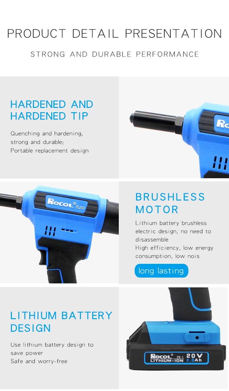 Electric Rivet Gun Rocol RL-520 Lithium Battery Automatic Rivet Gun Core Pulling Riveting Tool Stainless Steel Brushed Rivets