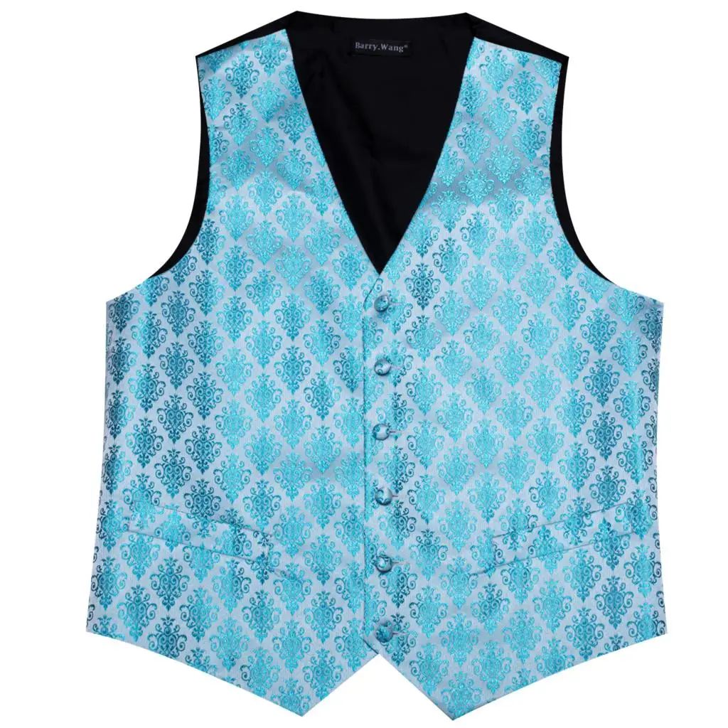 Luxury Light Blue Mens Vest Suit Tie Set Silk Wedding Party Formal Waistcoat V Neck Sleeveless Jacket Embroiedered Barry Wang