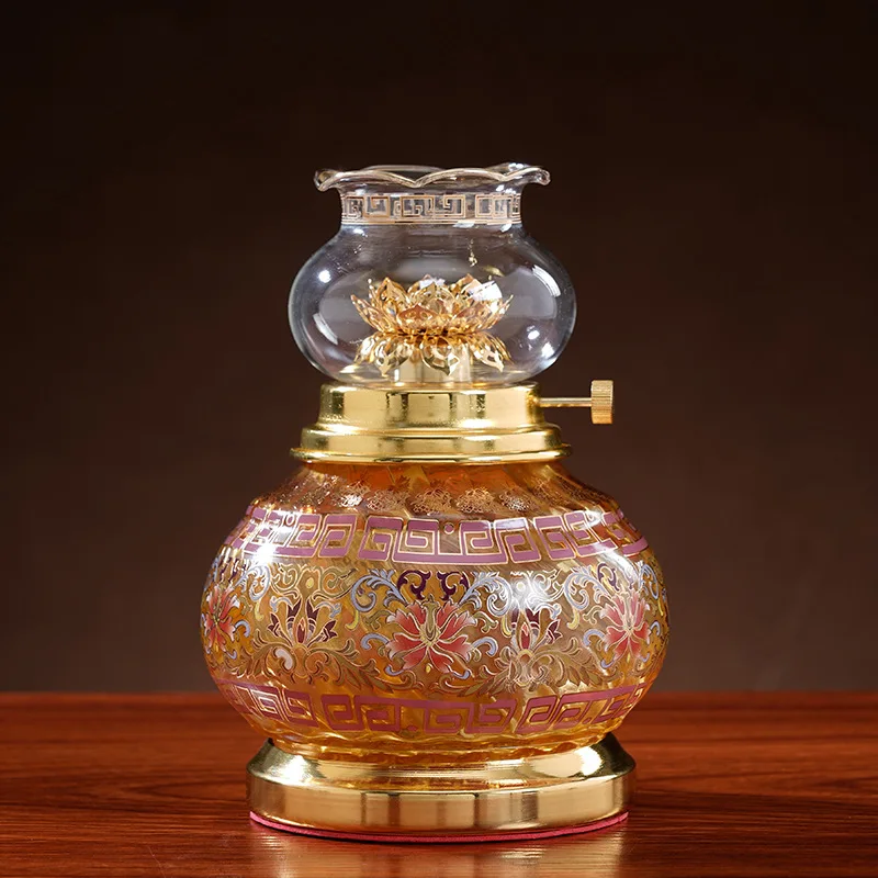 

Buddha Oil Lamp Adjustable Flame Windproof Liquid Butter Lamp for Home Altar Prayer Lighting