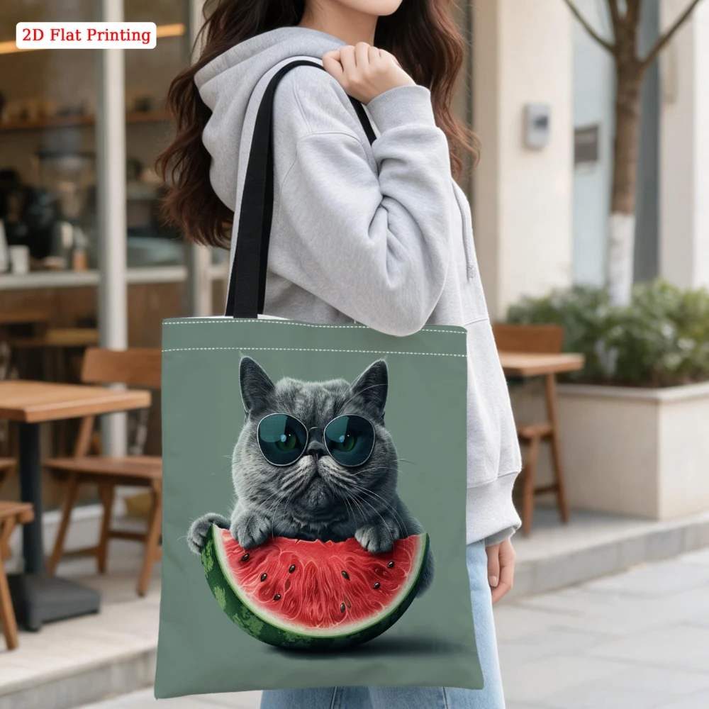 1pc Fashion Shoulder Bag Green Cool Cat With Sunglasses And Watermelon Print Tote Bag For Shopping Travel Daily Use Large Capaci