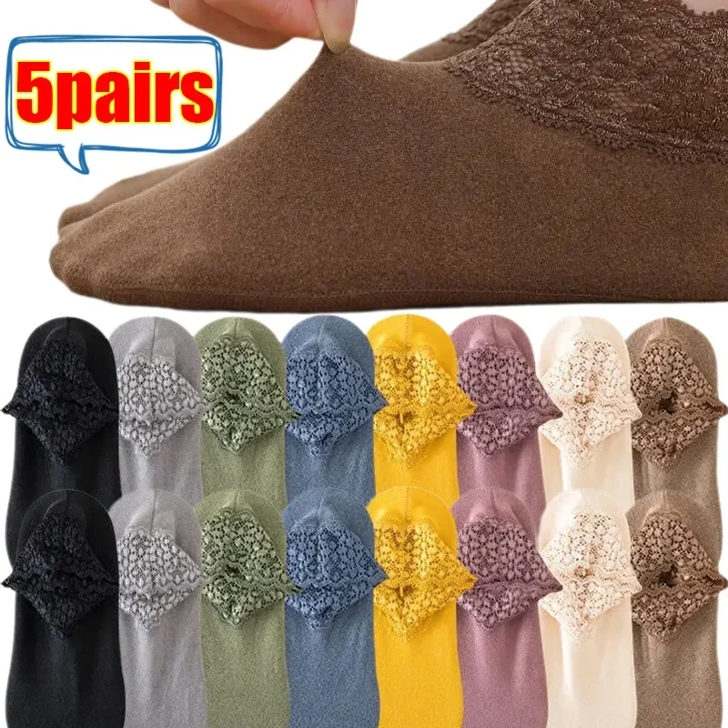 5/1pairs Winter Women's Velvet Floor Socks Mid-tube Non-slip Cotton Sock Super Lace Short Sock Solid Color Breathable Boat Sock