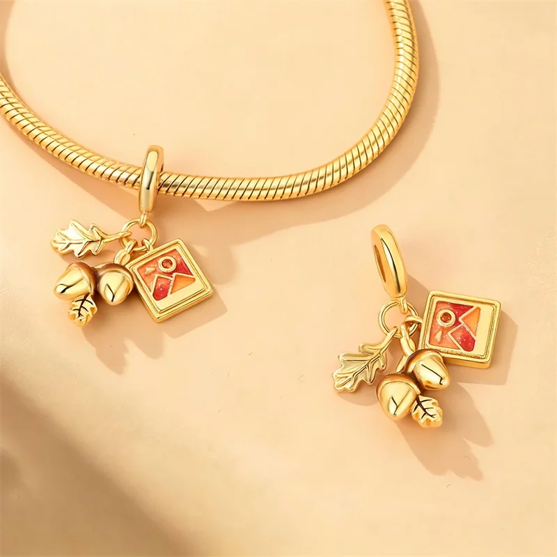 925 Sterling Silver Autumn Dangle Charms Maple Leaf Acorn Mushroom Hedgehog Pendant Beads Jewelry For Women DIY Bracelet Gift view 3