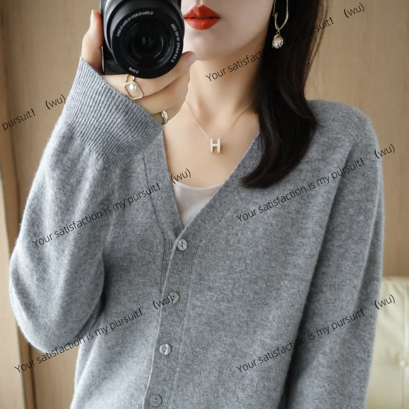 Jaket kardigan rajutan, kemeja dalaman, sweater lengan panjang V-neck, musim semi dan gugur, versi Korea untuk wanita