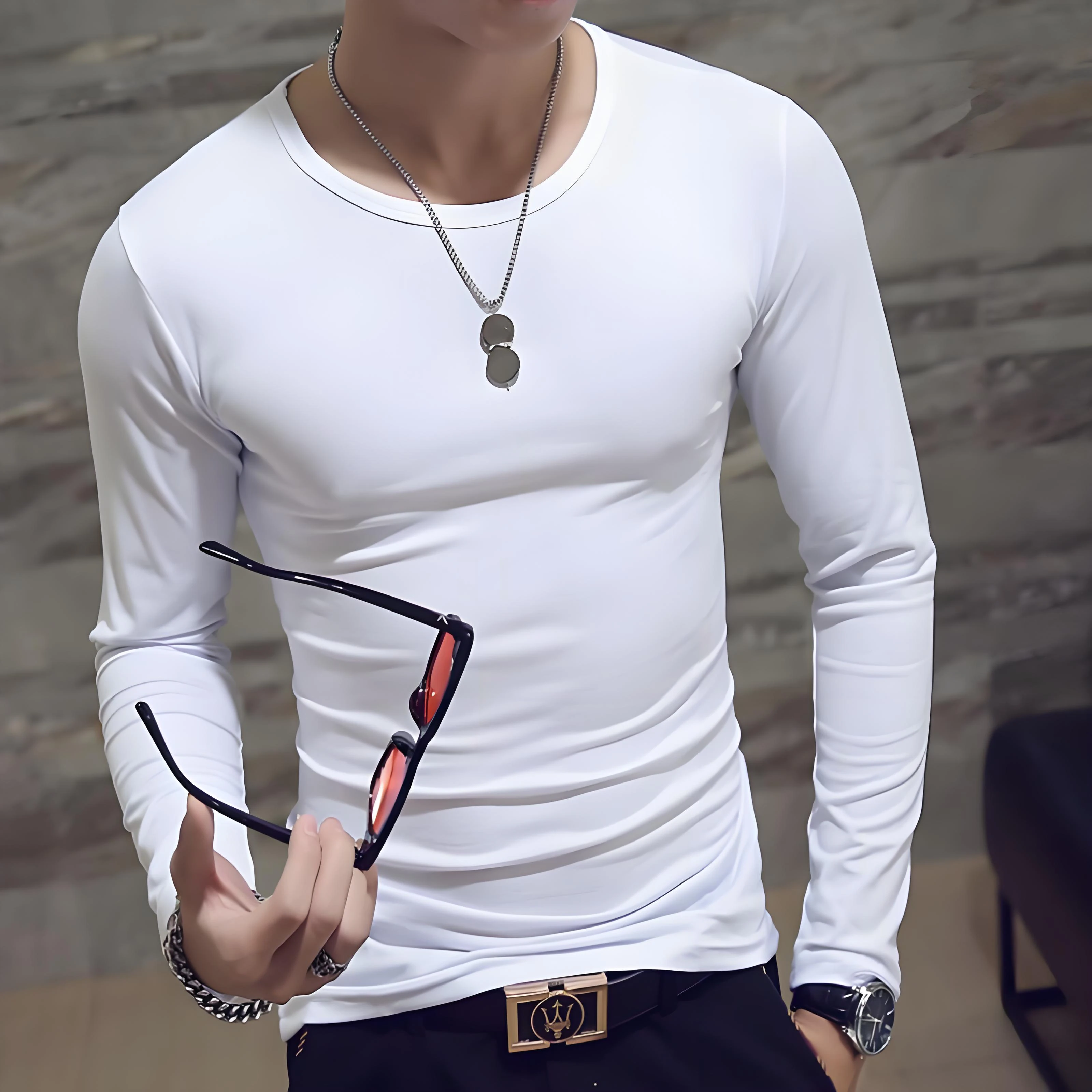 Men's casual fashion solid color long-sleeved round neck T-shirt classic men's spring and autumn thin comfortable top image 6