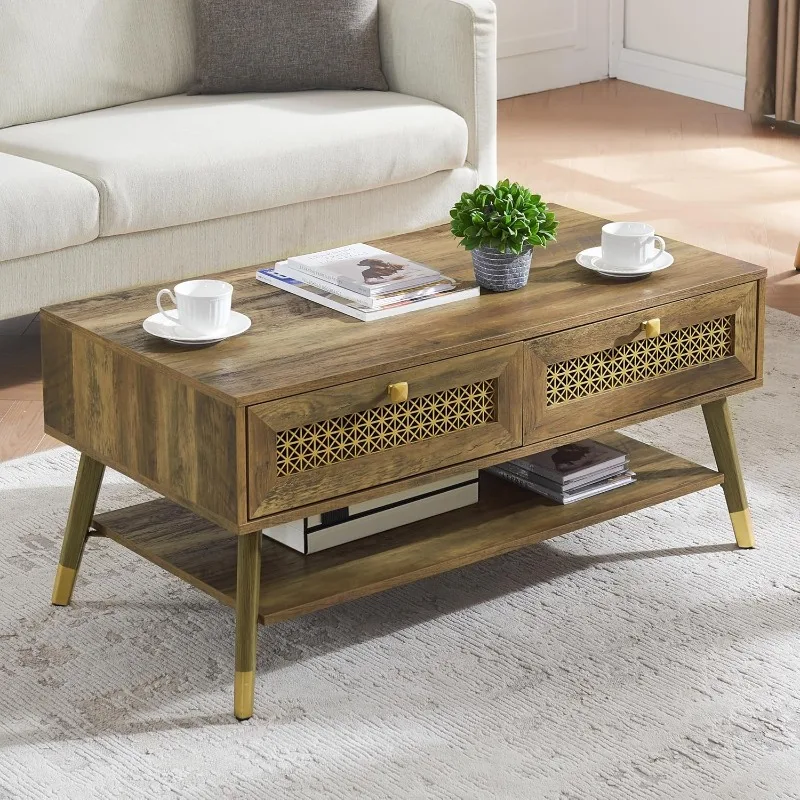 JYED Rectangular Mid-Century Modern Coffee Table with Storage Drawers and Open Shelves