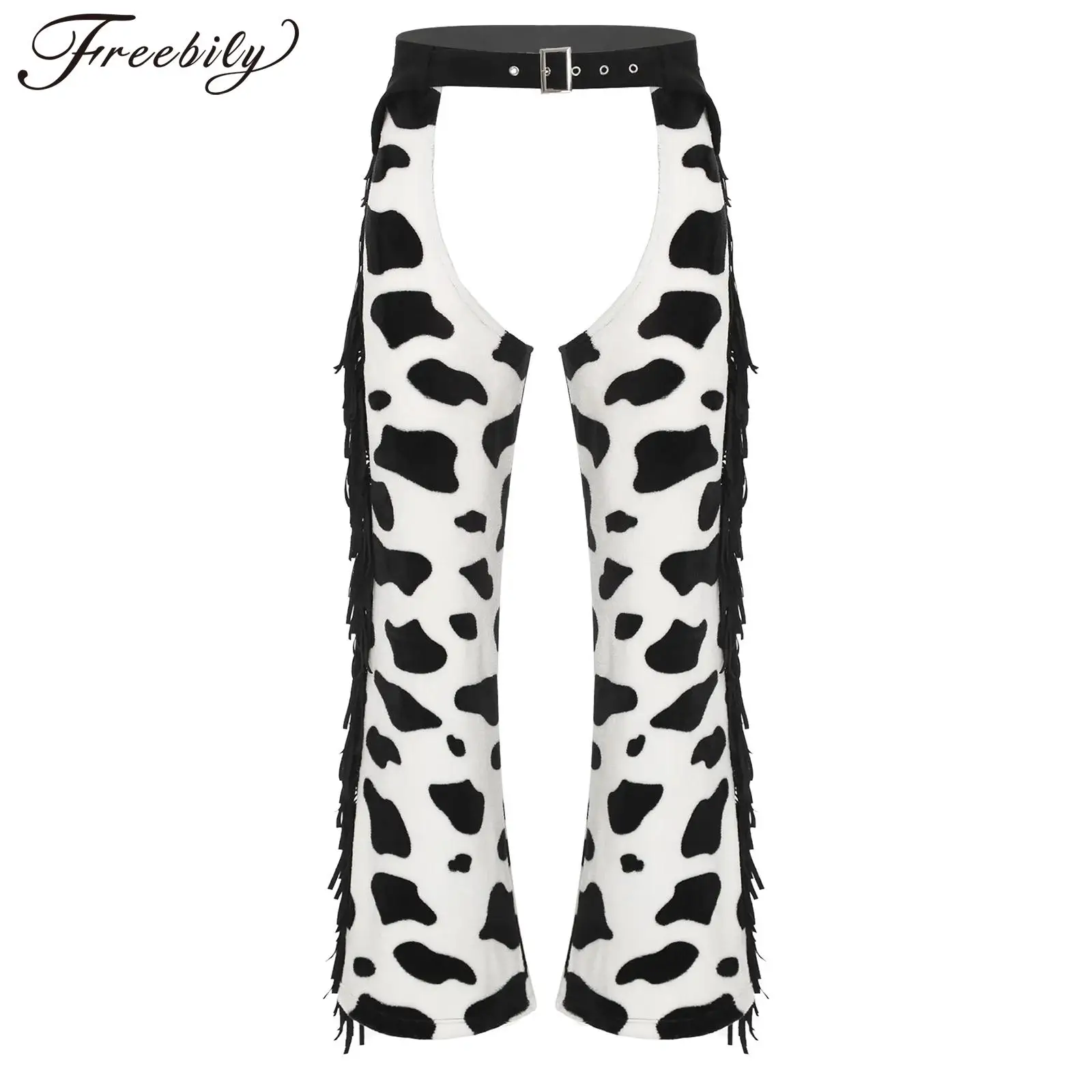 Disfraz de vaquero para fiesta temática de Halloween para hombre, pantalones de franela con patrón de vaca y borlas en la entrepierna abierta, pantalones de cintura ajustable