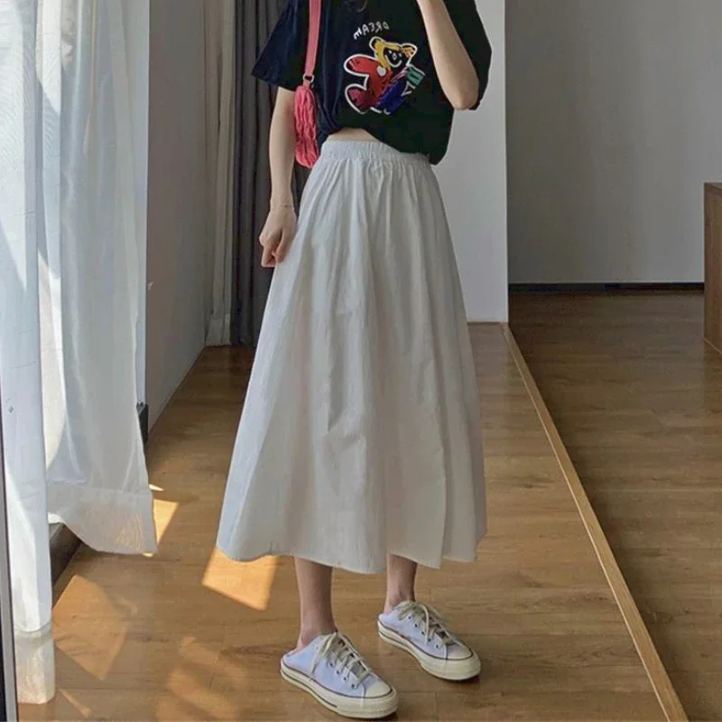 

DEEPTOWN White Long Skirt Women Summer 2024 Korean Style Vintage High Waist A-line Elastic Loose Black School Midi Skirt Casual