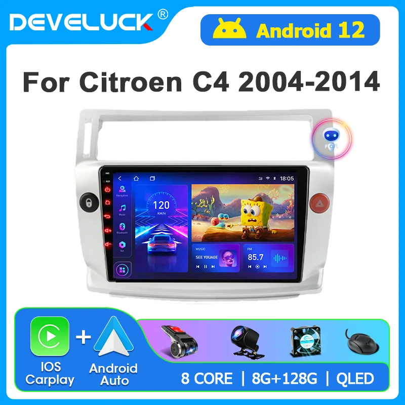 

Develuck 2 Din Android 12 Car Radio for Citroen C4 C-Triomphe C-Quatre 2004 - 2014 Carplay Auto Stereo DVD GPS Multimedia Player