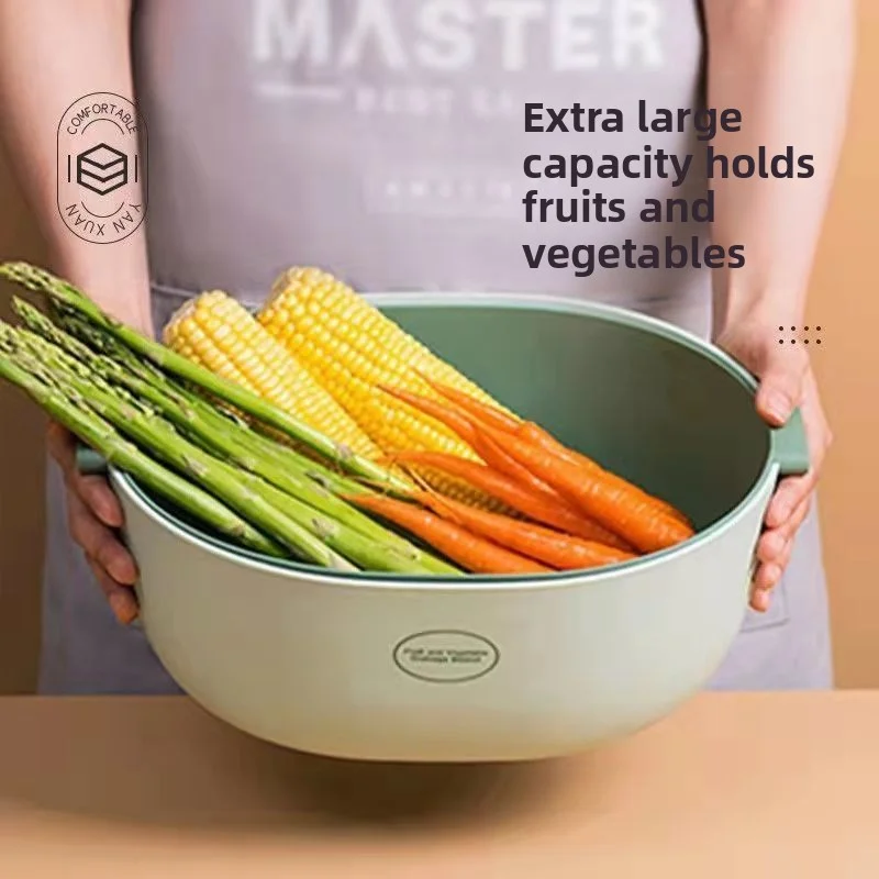 Double Layer PET Transparent Vegetable Basket with Drainage Household Kitchen Multi-function Fruit Washing Basin Water Filter