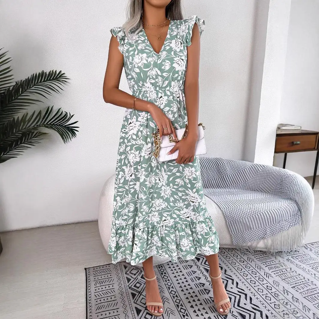 Casual floral renda cintura cinching longo dr vaion vestido feminino faion cintura elástica a linha saia scela ci caminhada
