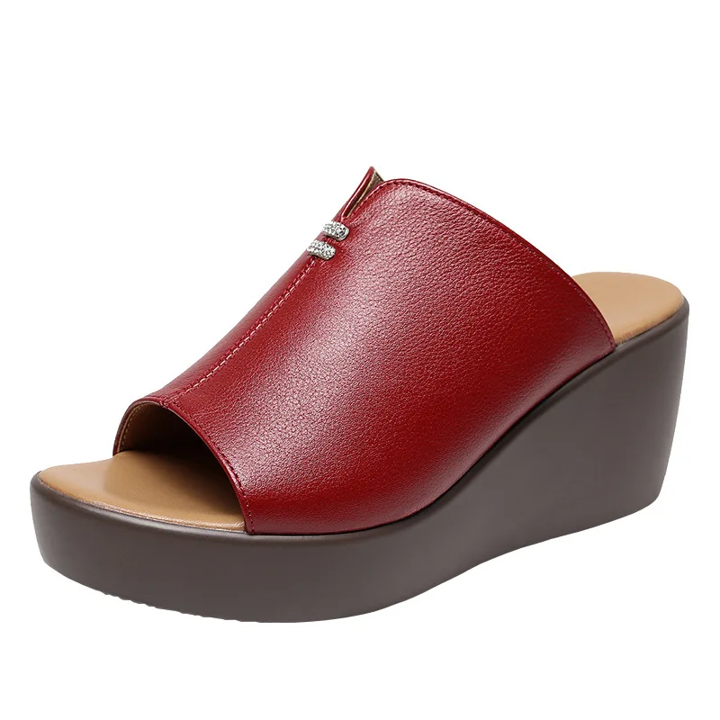 High quality leather wedge sandals for women 6.5 cm high heel 2025 summer 34 35 platform open toe elegant fashion shoe red green
