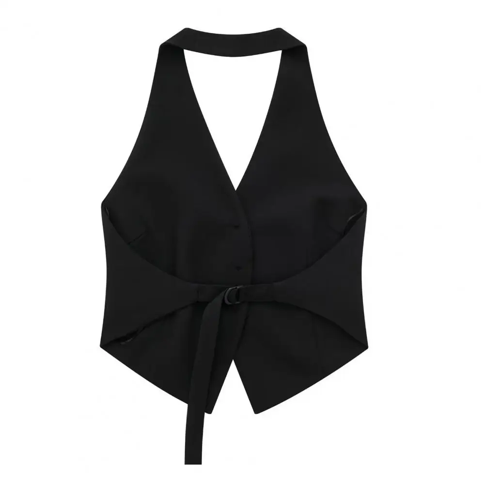 Chaleco sin mangas con cuello Halter para mujer, cárdigan de un solo pecho con bolsillos de Color puro, estilo Formal para viaje de negocios, Verano