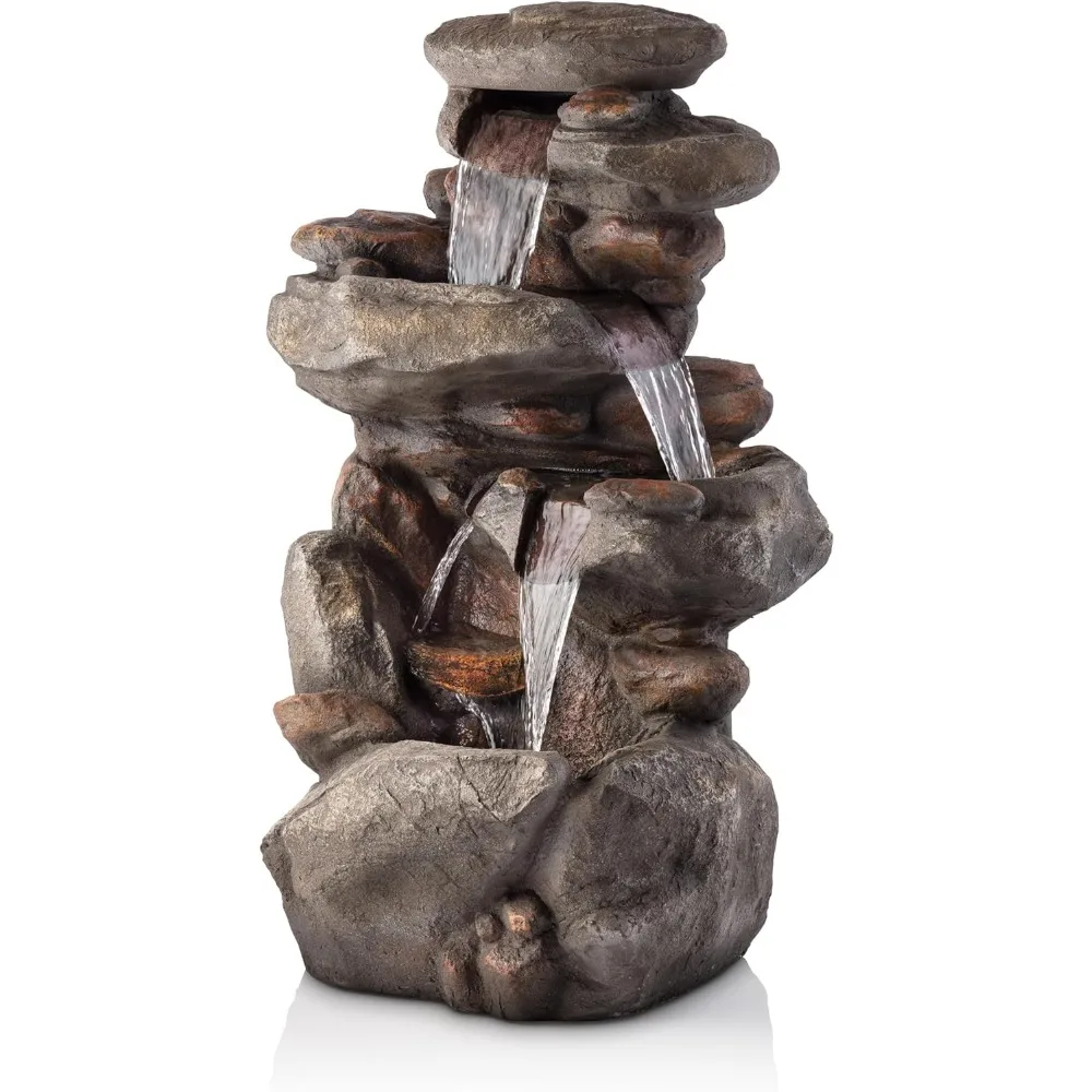 

Waterfall Fountain4-Tiered Outdoor Floor Rock Water Fountain for Garden or Patio with Natural Stone Look, Light Gray