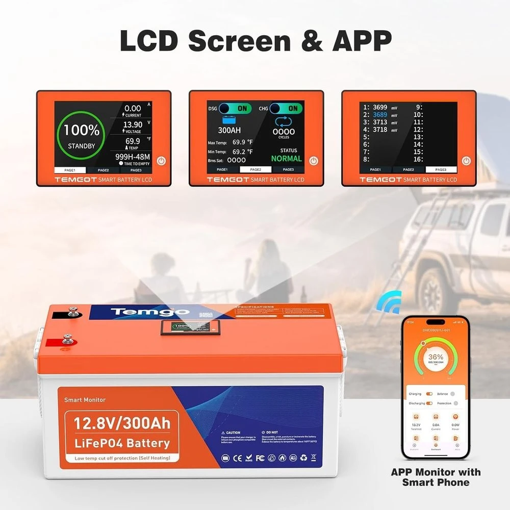 بطارية ليثيوم LiFePO4 ذاتية التسخين 12 فولت 300 أمبير في الساعة مع شاشة لمس ذكية وتطبيق بلوتوث، مدمجة 200 أمبير BMS، طاقة 2560 وات، 5000+ Cy