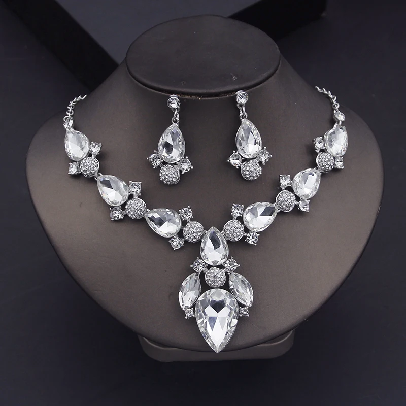 Gorgeous Crystal Jewelry Sets for Women Luxury Choker Necklace Earrings Set Wedding Dress Bridal Fashion Costume Accessories