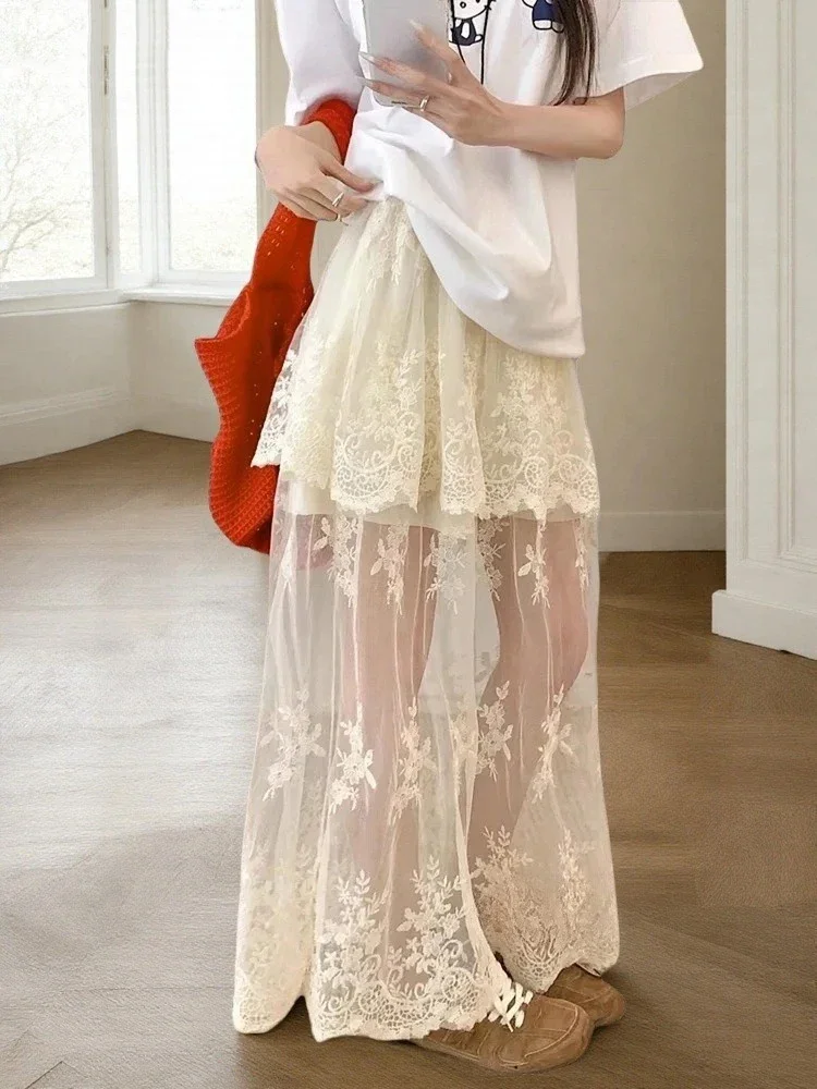 

Корейская кружевная вышивка с цветком для женщин, трапециевидной формы с высокой талией, прозрачная юбка Jupe 2025 Faldas Mujer De Moda, модная милая летняя юбка