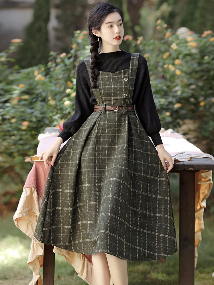 Autumn Winter Plaid Dress Women Spaghetti Strap Woolen Long Dresses With Belt Vintage Party Elegant Vestidos