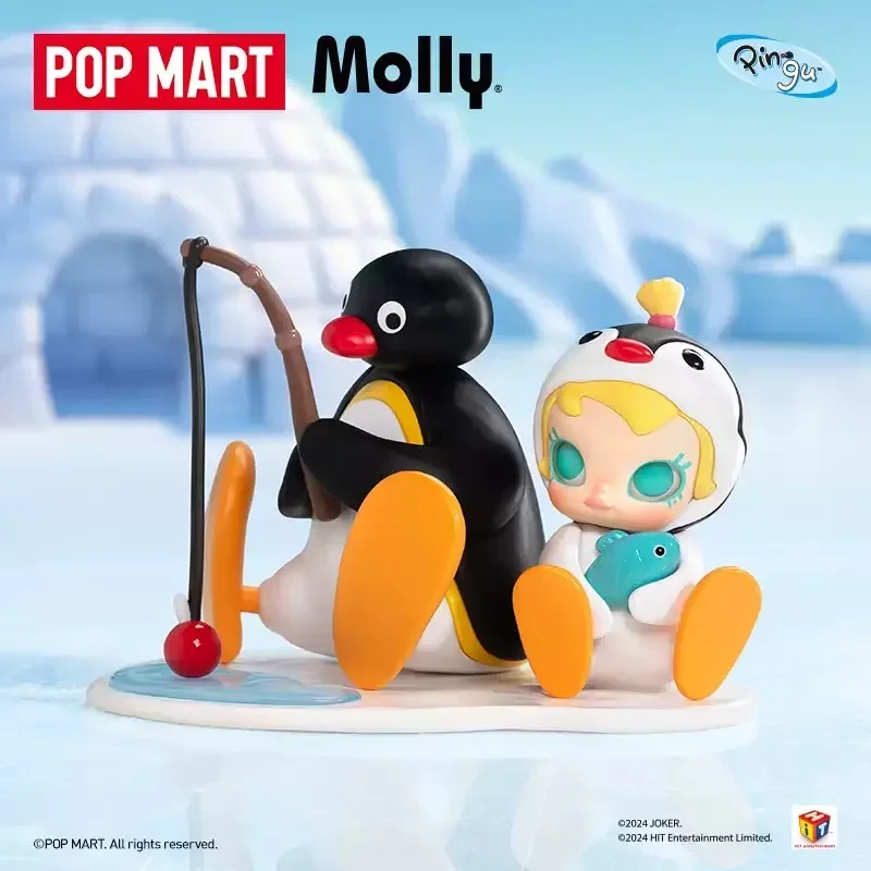 POPMART Baby Molly X Pingu Fishing Time Hanging Card Pendant Original Toys Doll Anime Figure Desktop Ornaments Collection  Gift