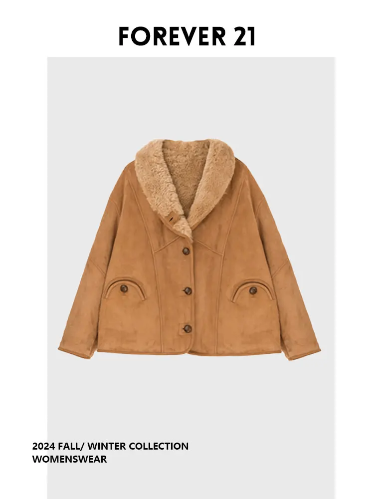 

Forever 21 American Retro Leather And Fur Collar Autumn Winter Elegant Warmth Outerwear Women Long Sleeve Pear Shape Fit