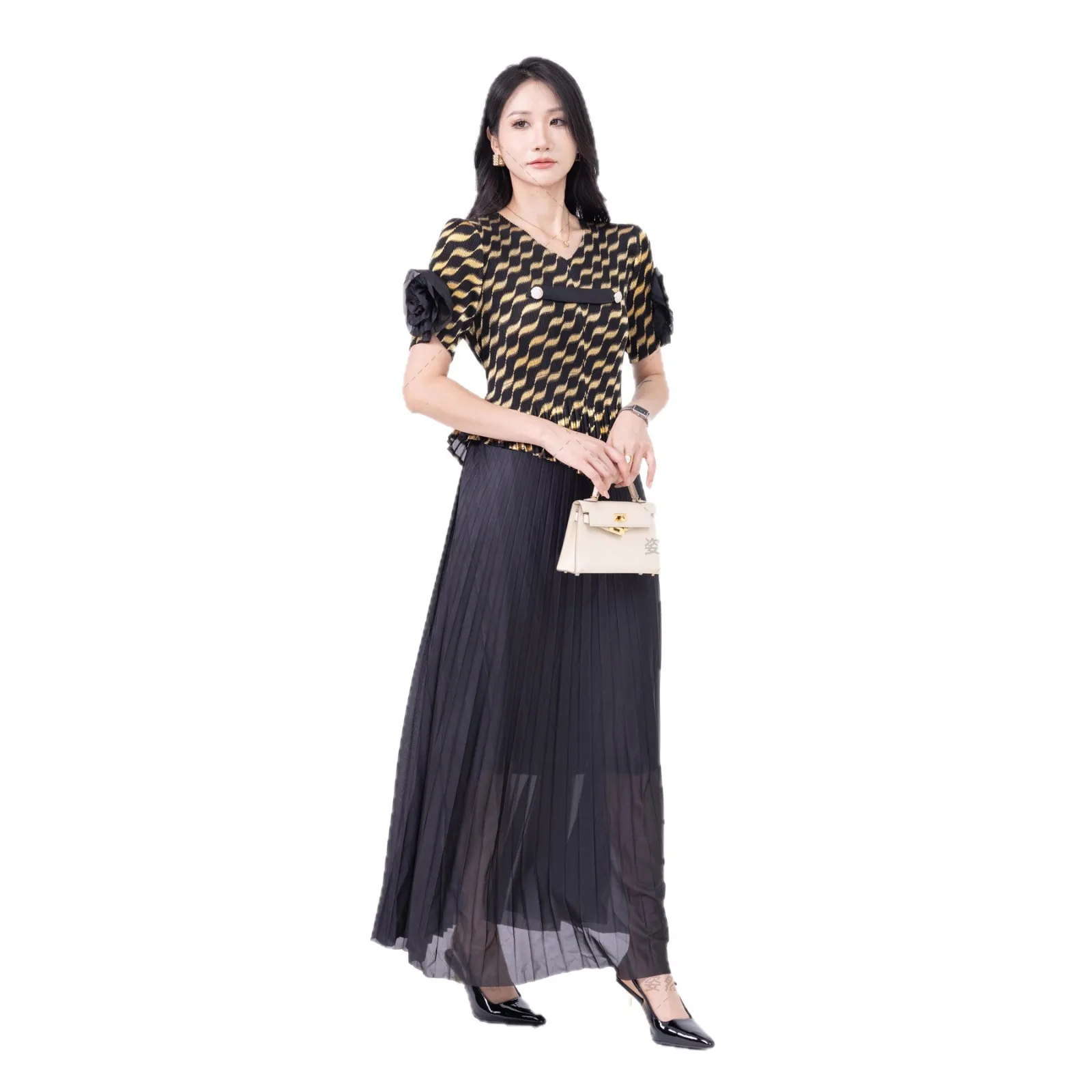 

Miyake Fashion Dress Women Summer Loose Casual Pleated Premium Feeling Long Stamped Fake Two Pieces Pleated Dresses Women's