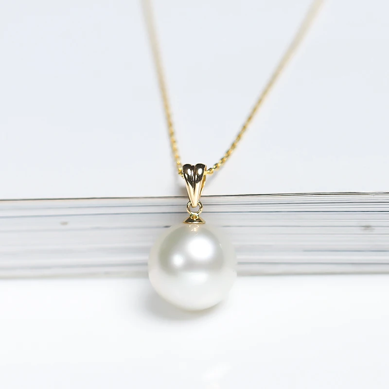 Real 18k Gold White Natural Freshwater Round Pearl Necklace Anniversary Gift