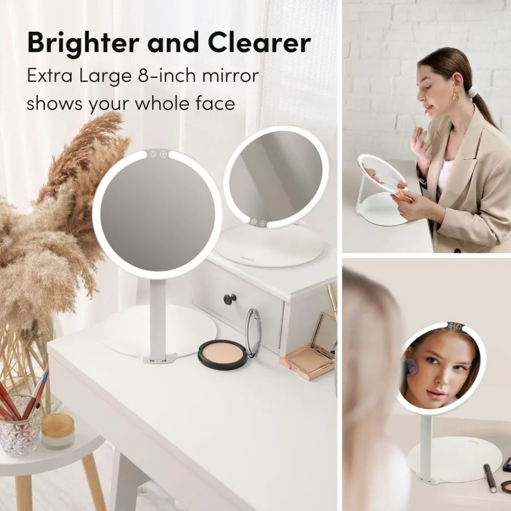 Rechargeable LED Travel Makeup Mirror with 3 Color Lights, Foldable Stand, Dimmable & Lightweight for Portable Vanity