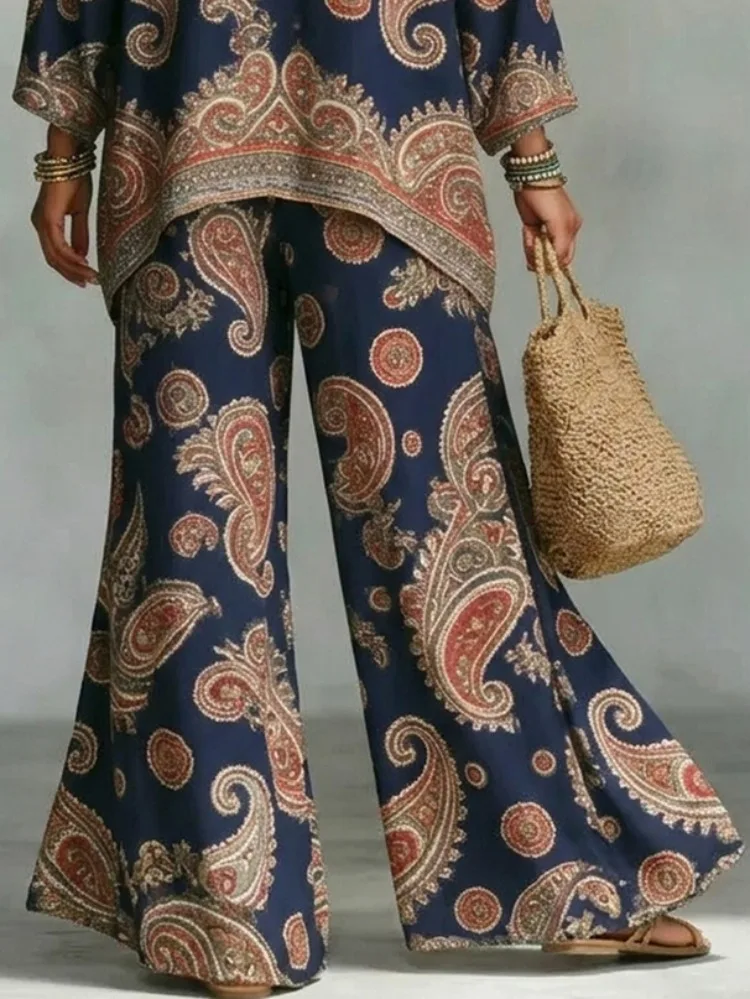 Yeezzi Damen-Hose im Boho-Stil mit Paisley-Print, weites Bein, passende Hose, Vintage-Stil, Marineblau, hohe Taille, lockere, ethnische Palazzo-Hose für den Urlaub – Detail 4