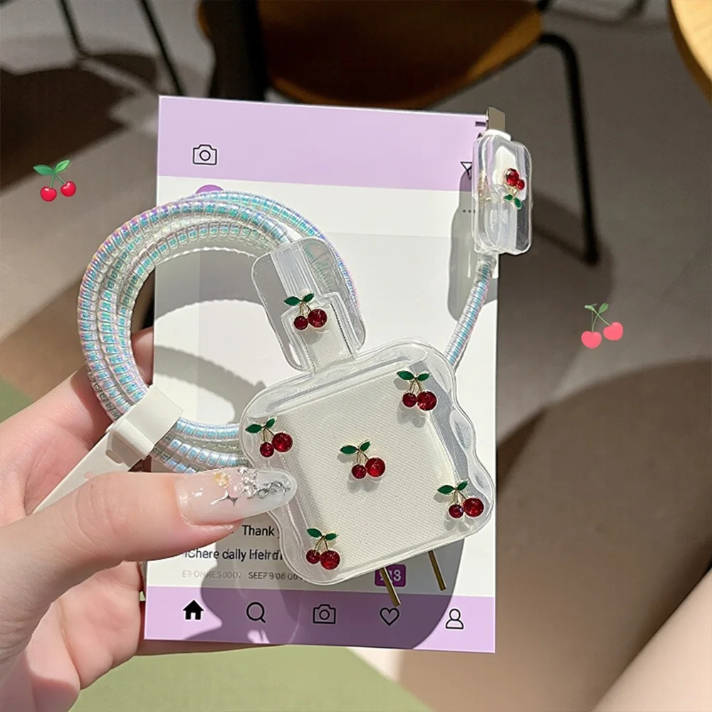 Cute Cherry Charger Protector Cable Organiser For iPhone 18W 20W Charging Protection Cover Data Cable Management Cord Winder Kit