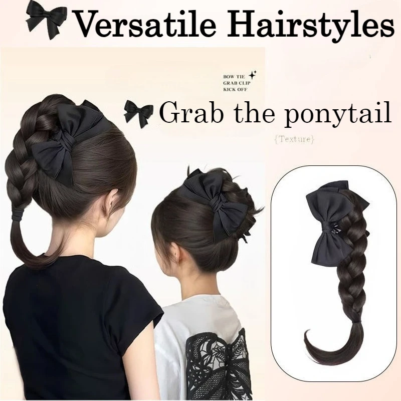 蝶結びヘアクリップ 編み込みウィッグ 女の子用 クロークリップインヘアエクステ ポニーテール リアルウィッグエクステ ヘアピース リアル編み込みウィッグ