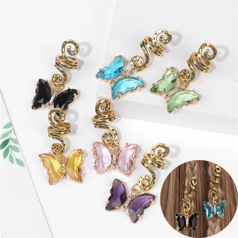 Butterfly Pendant Braiding Hair Barretts Natural Stone Hair Clip Women Braid Trendy Metal Hair Ring Western Style Hair Accessory