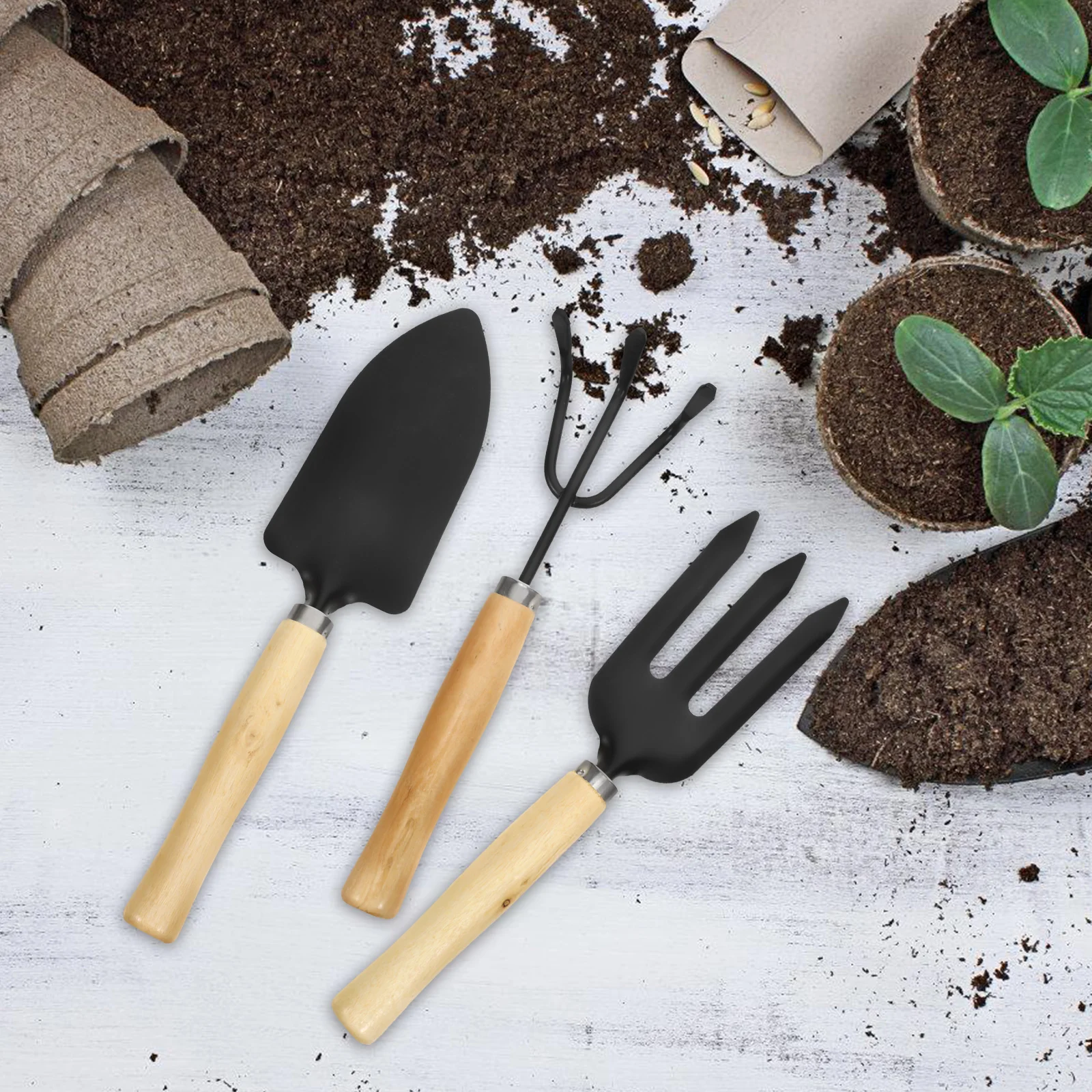 

3pcs Garden Tools Set Bonsai Shovel Rake Spade Kids Friendly Durable Iron Wooden Handle Mini Gardening Tool For Indoor Outdoor
