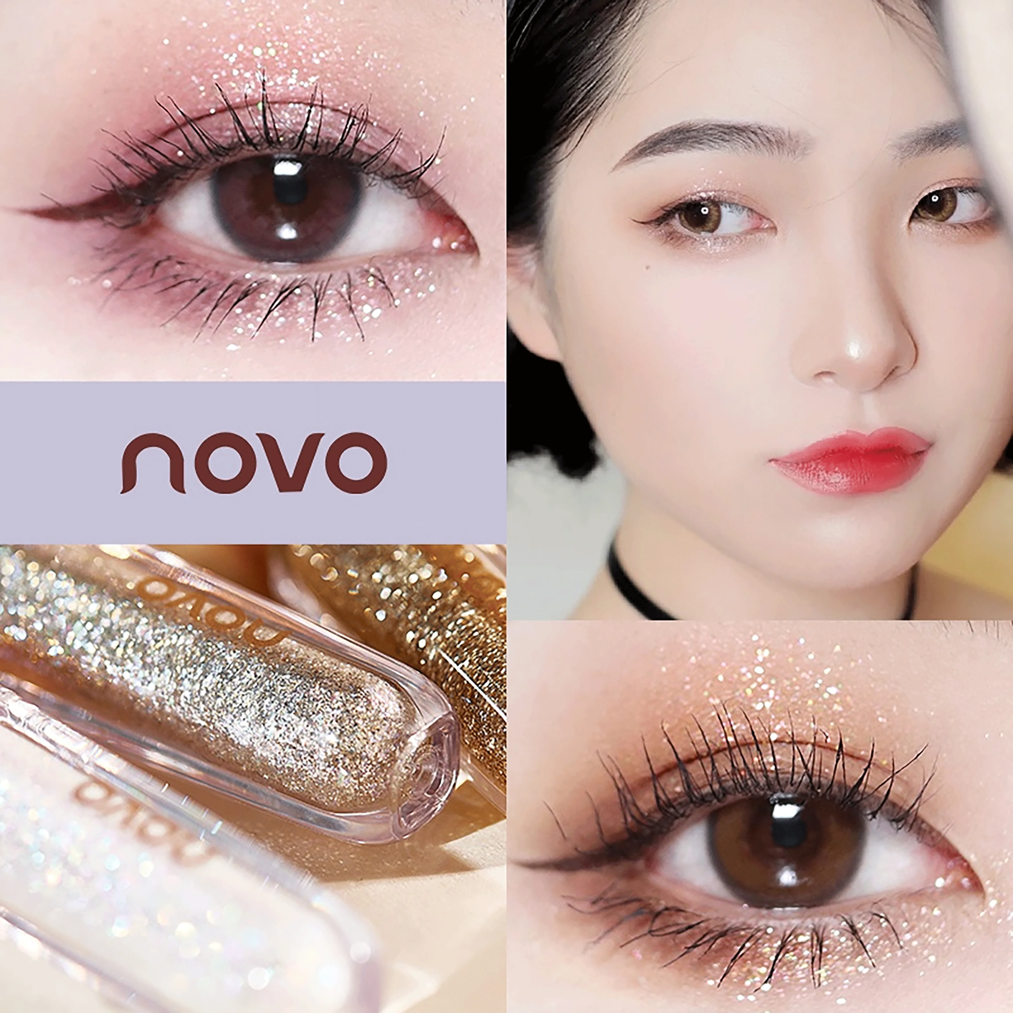 Sombra líquida com acabamento orvalhado, brilho sutil e de longa duração. Ilumina a área de calha de rasgo para um efeito luminoso.