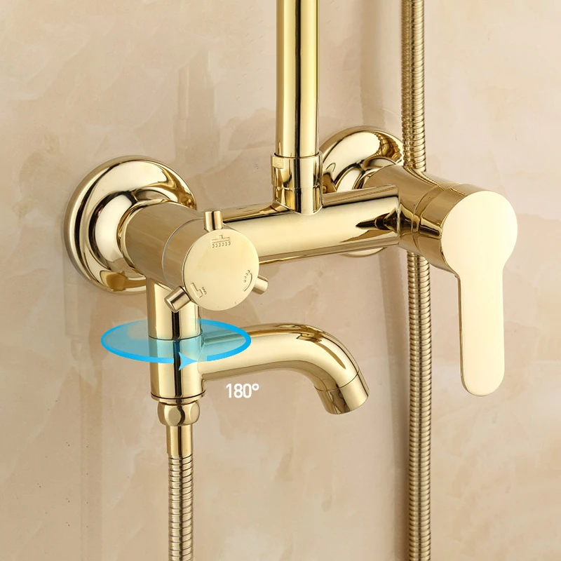 Modern Gold Shower Mixer Faucet Bathroom Hot Cold SPA Rain Fall Shower Set Bathtub Wall Mount Round Rod Bath System with Nozzle