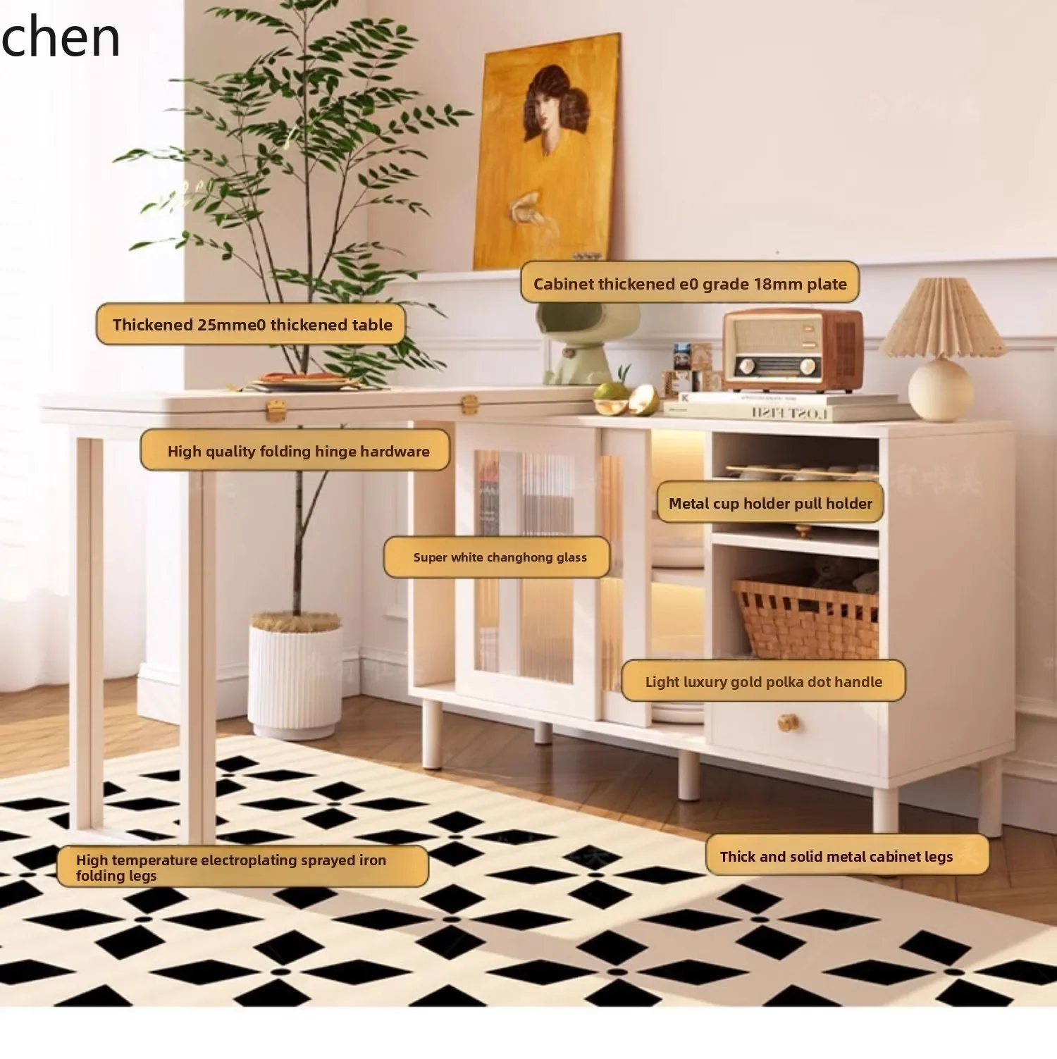 DSAFolding Sideboard Integrated Multi-Functional Rotating Bar Table Cream Style Extendable Dining Table