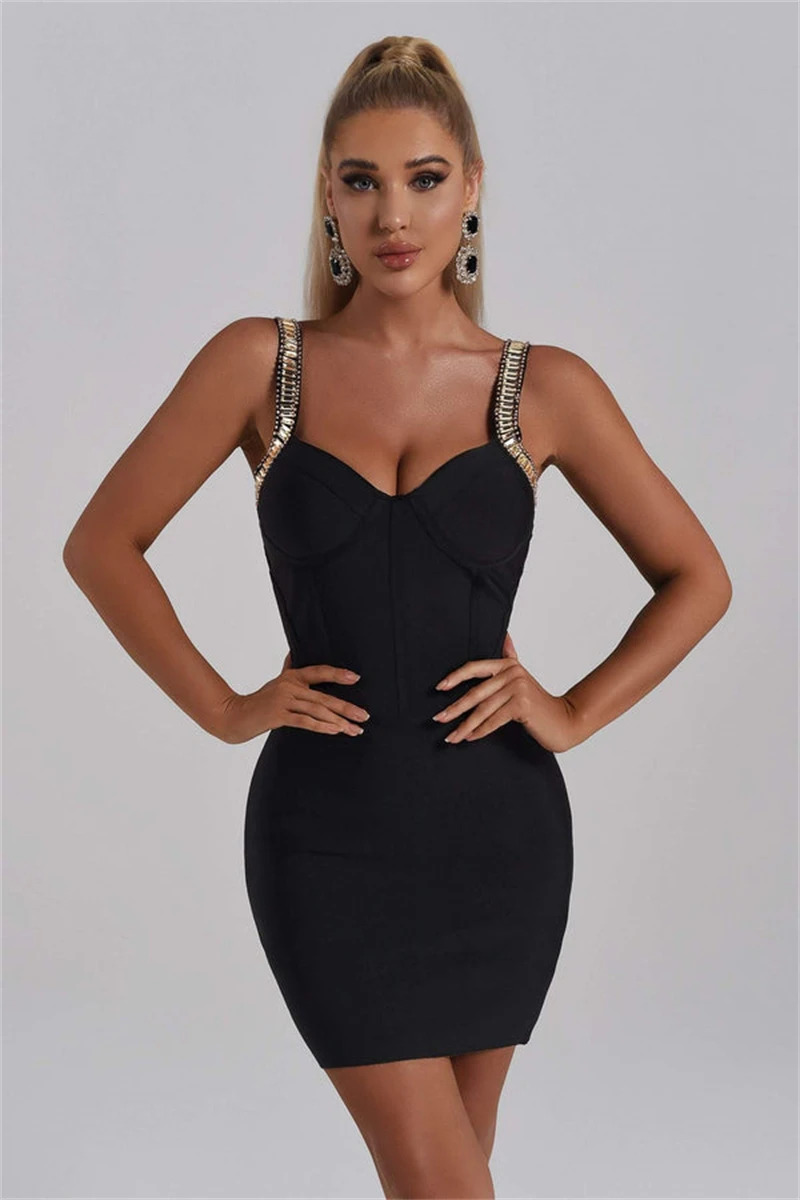 

Shining Diamonds Strap Spaghetti Strap Bodycon Mini Dress Fashion‘s Sexy Woman Package Hips Rayon Bandage Dress arty Vestido