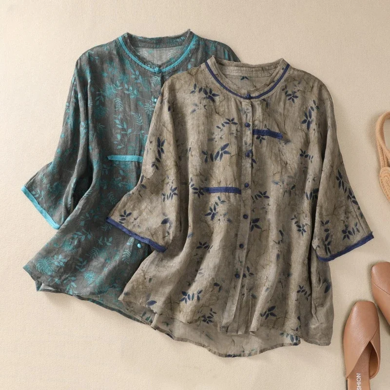 

Printed Chinese Style Women's Shirt Summer Cotton Hemp Vintage Blouses Loose Short Sleeve Women Tops O-neck Clothing YCMYUNYAN