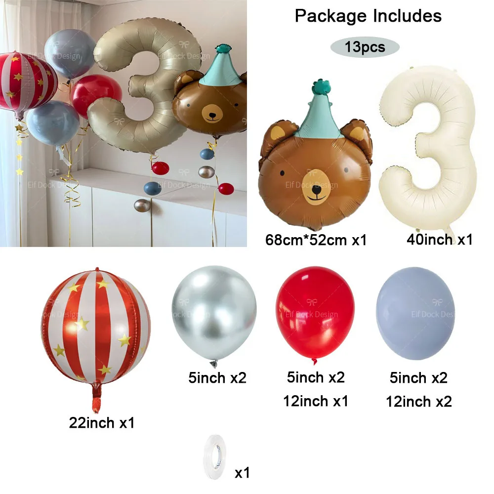 13pcs Matte Birthday Hat Bear Red-striped Balloon Party Decor Cream Number for Birthdays Anniversary Balloons Party Decorations - view 4