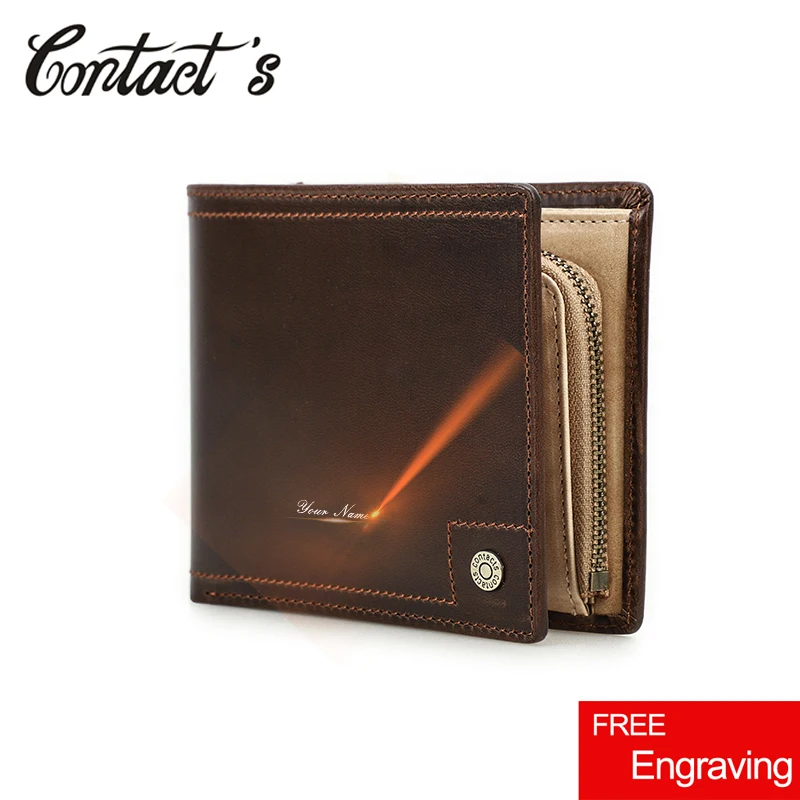 Contact‘s Full Grain Leather Wallet for Men Customized Small Bifold Purse Slim Zipper Coin Pocket Rfid Blocking Card Holder