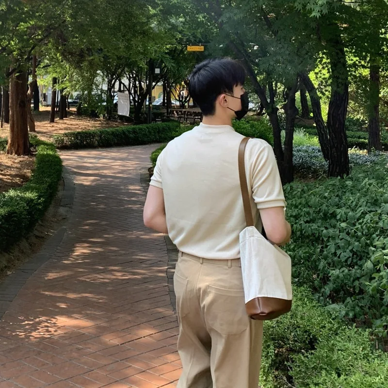 Korean Fashion Pure Cotton Men Short Sleeved Shirt V-neck Summer Breathable Casual Shirts Trend Simple Dark Blue Black Gray Top