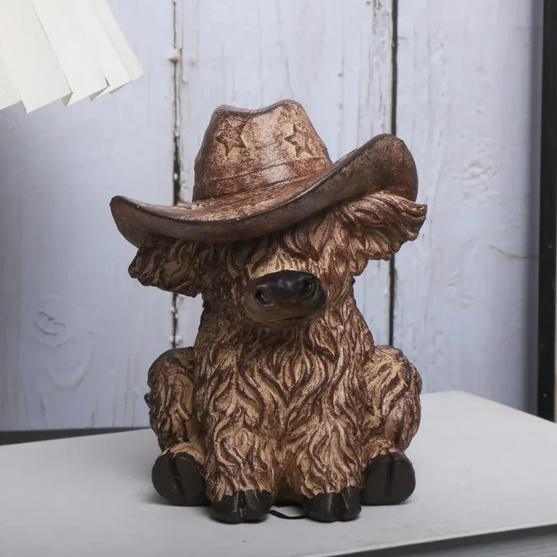 Highland Cow Figurine with Cowboy Hat, Rustic Resin Farmhouse Decor for Home Garden Patio, Cute Animal Statue Gift