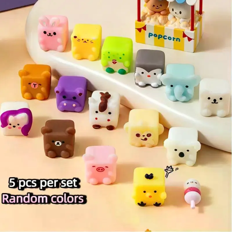 5Pcs Kawaii Square Animal Pinch Mochi Squeeze Toys Mini Cube Cartoon Stress Relief Fidget Toys Party Birthday Gift