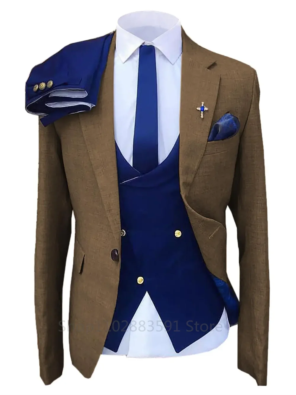 Men Suit 3 Pieces Solid Color Formal Slim Fit Wedding 2023 Business Wedding Banquet Work Suit Navy Blue Vest Pants And Jacket