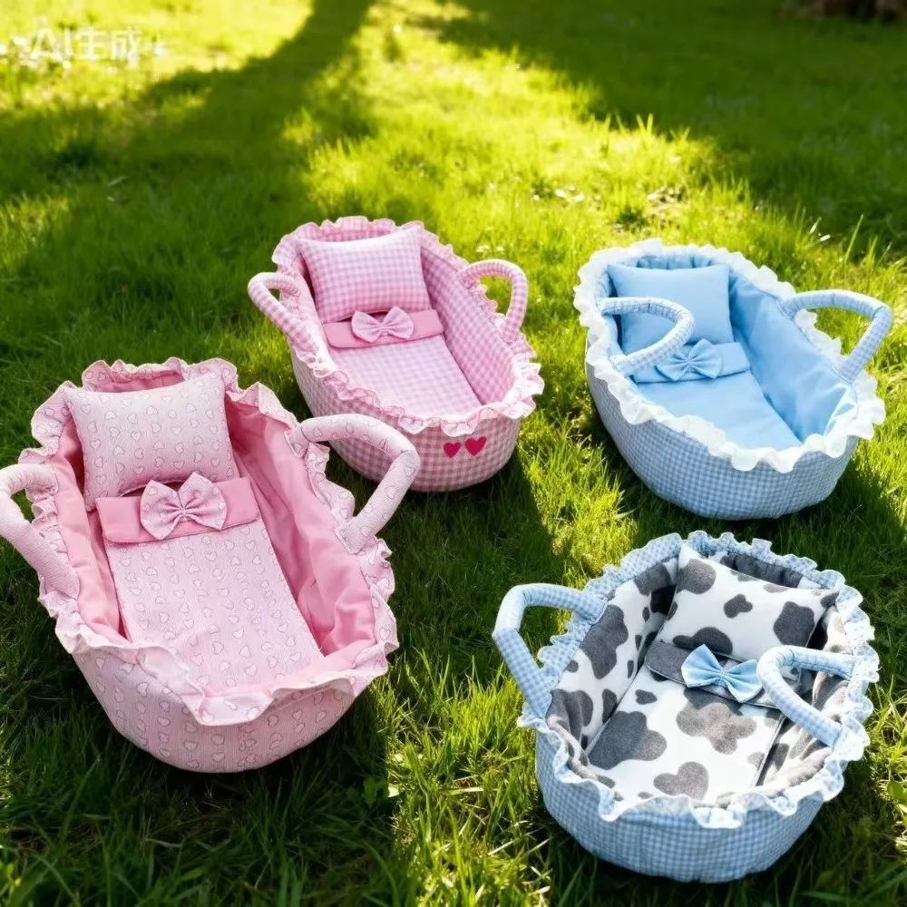 

Hand-pull Design Doll Basket Pink Gingham Ruffled Design Dollhouse Accessories Washable Material Soft Pretend Play Toys