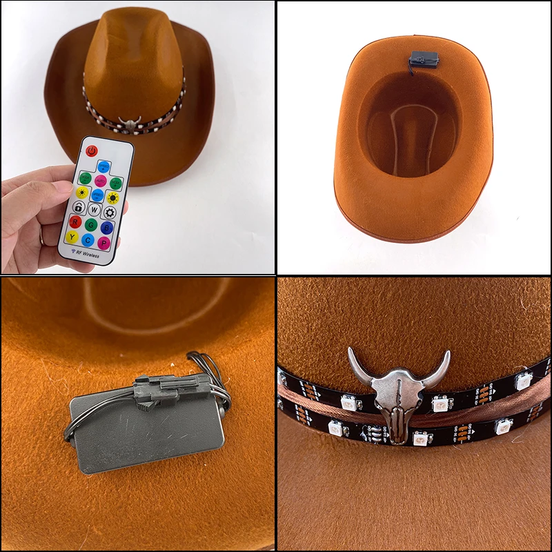 Sombrero de vaquero luminoso con Control remoto, gorra de vaquero con luz LED para hombre, sombrero para Bar y Club, disfraz de actuación en escenario, suministros para espectáculo de danza