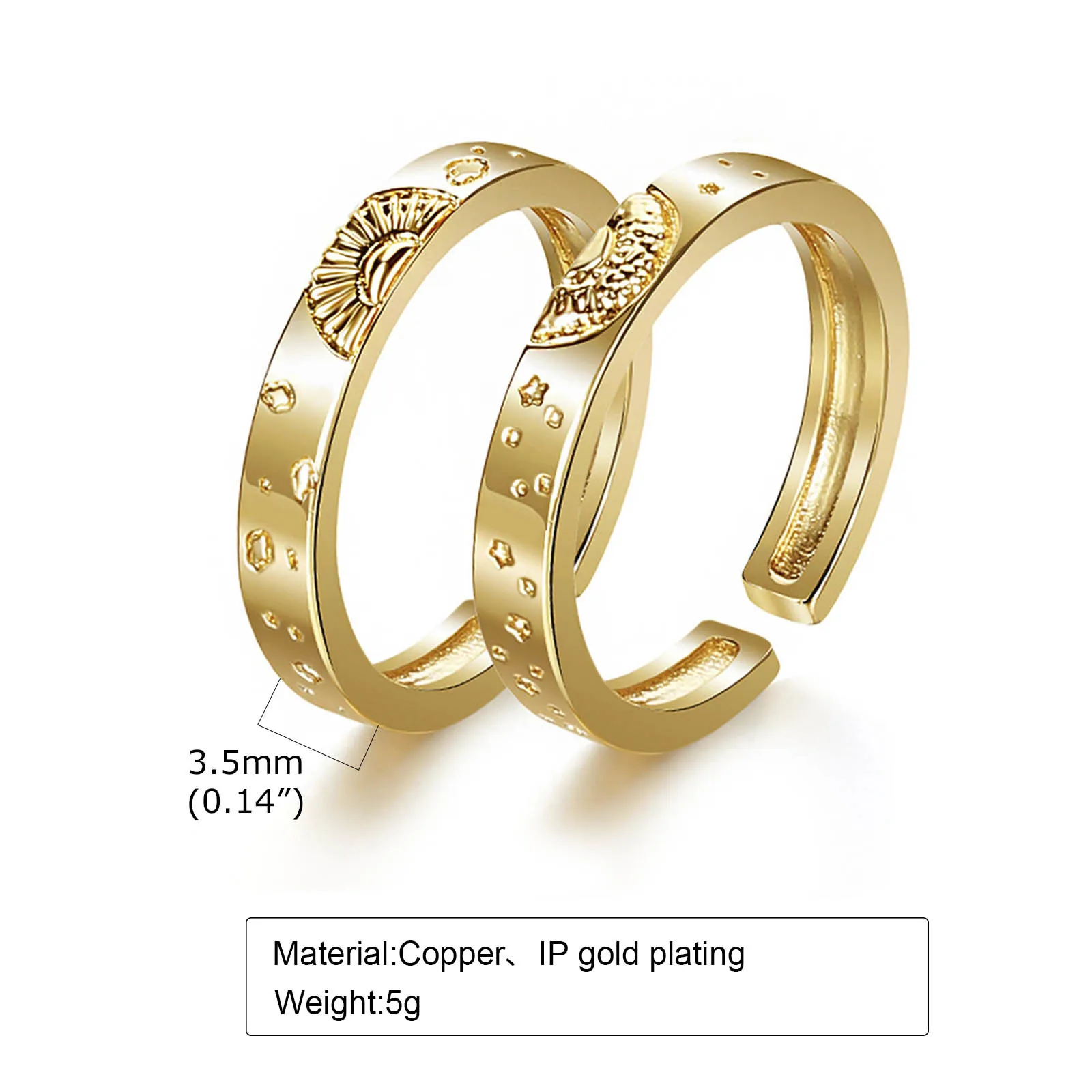 Adjustable Sun and Moon Couple Promise Ring, Boyfriend Girlfriend Matching Band, Price for Pair