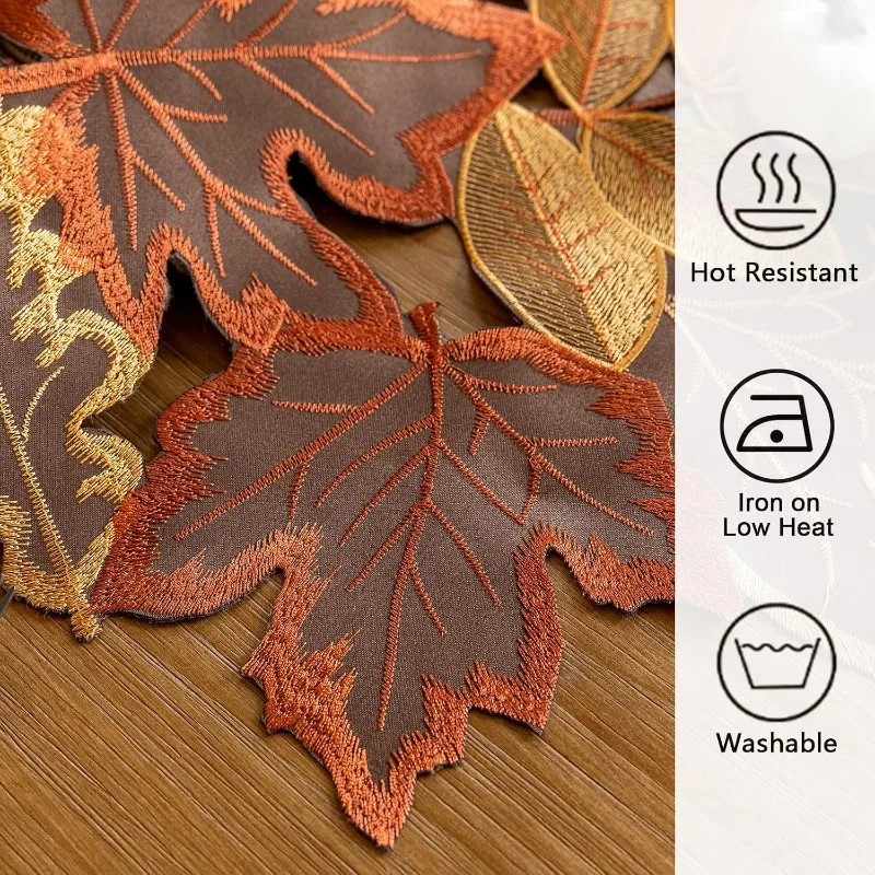 Leaves Fall Table Runner Thanksgiving Runner Embroidered Harvest Maple Leaf Decoration for Autumn Applique Dresser Scarf