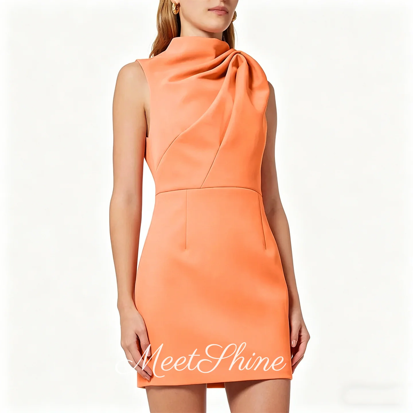 

Elegant High Neck Orange Sleeveless Satin Evening Dresses Chic Pleated Mini Ruched Short Formal Party Dresses Customized